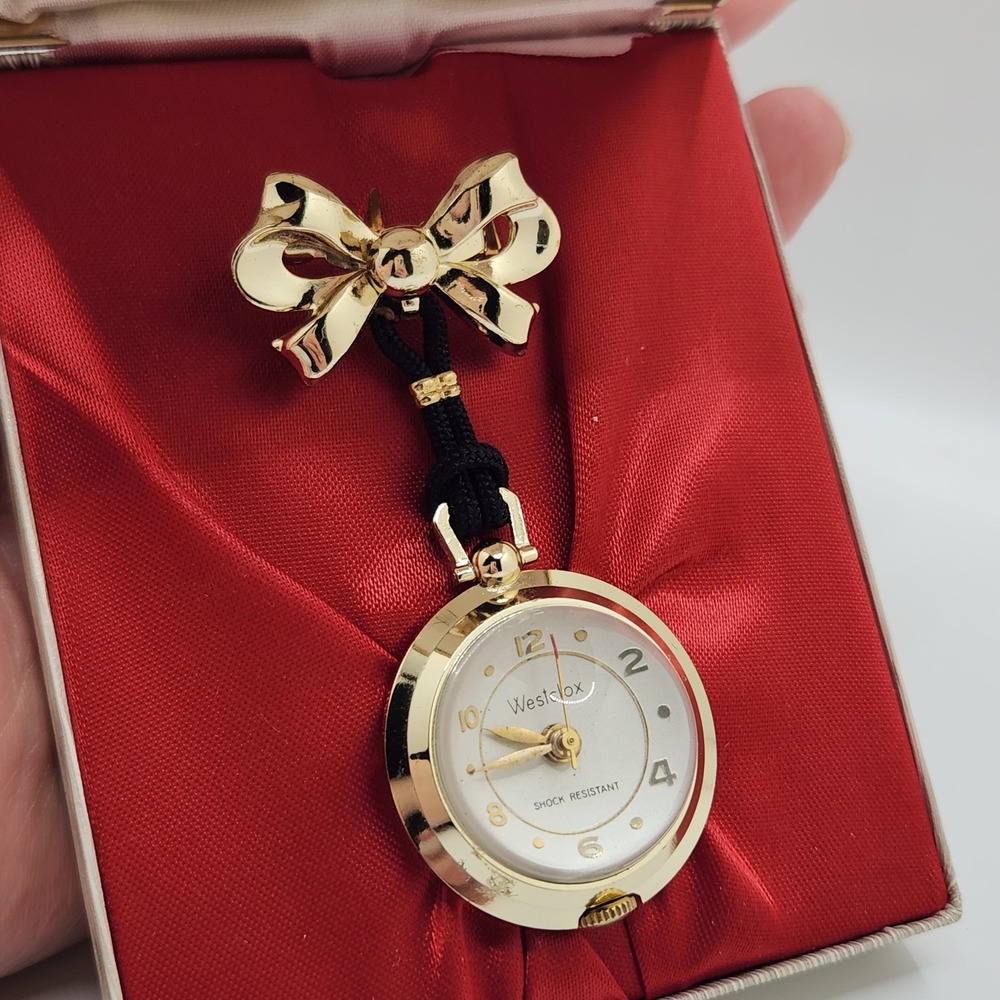 Vintage Westclox Lapel Watch Bow Pin Pocket‎ Pendant Necklace Purse Boxed READ